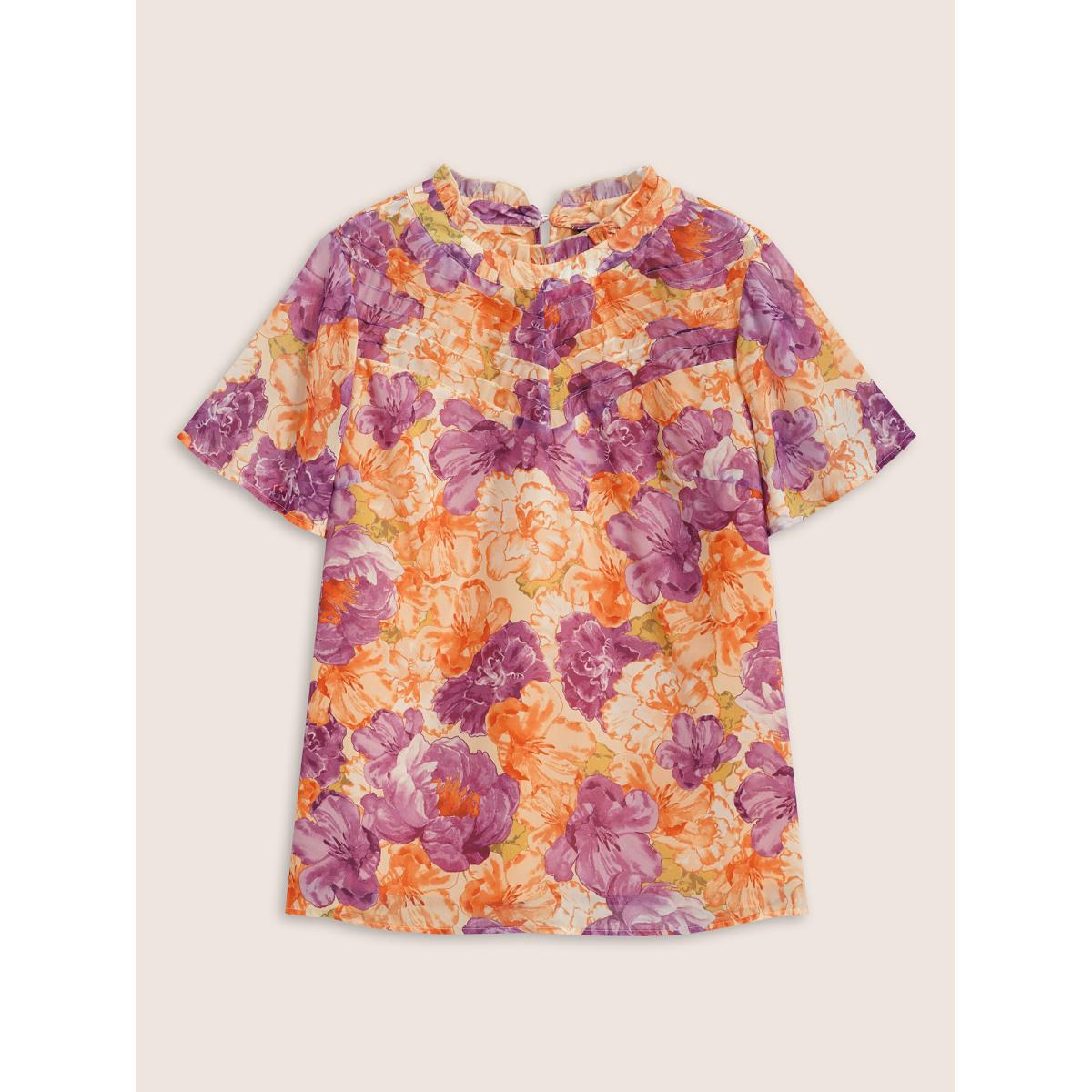 Plus Size Multicolor Mock Neck Contrast Floral Flutter Sleeve Blouse Women Elegant Short sleeve Mock Neck Everyday Blouses BloomChic 18-20/2X Product Image