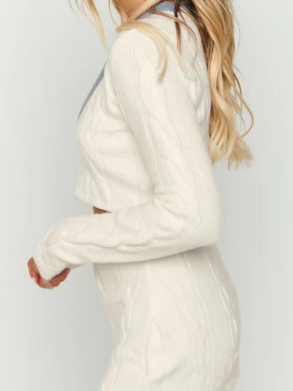 Contrast Color V Neck Knit & High Rise Mini Skirt Set Product Image