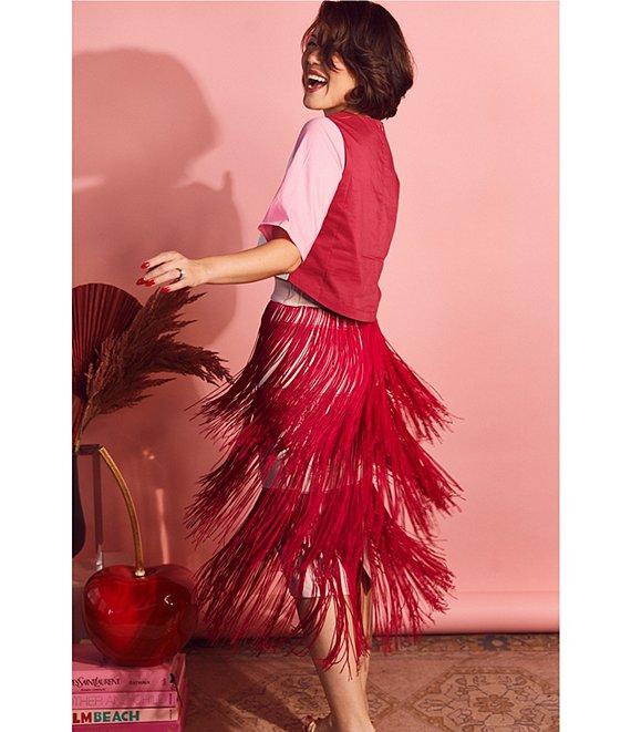 Buru Color Block Elastic-Back Waist Fringe Midi A-Line Skirt Product Image