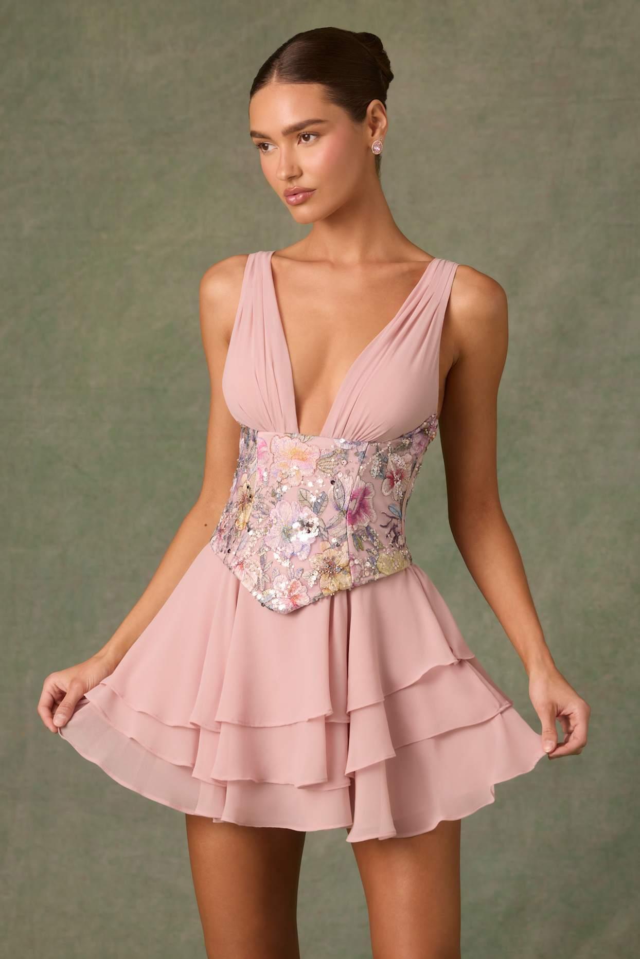 Embellished Ruffled Corset Mini Dress in Floral Pink Product Image