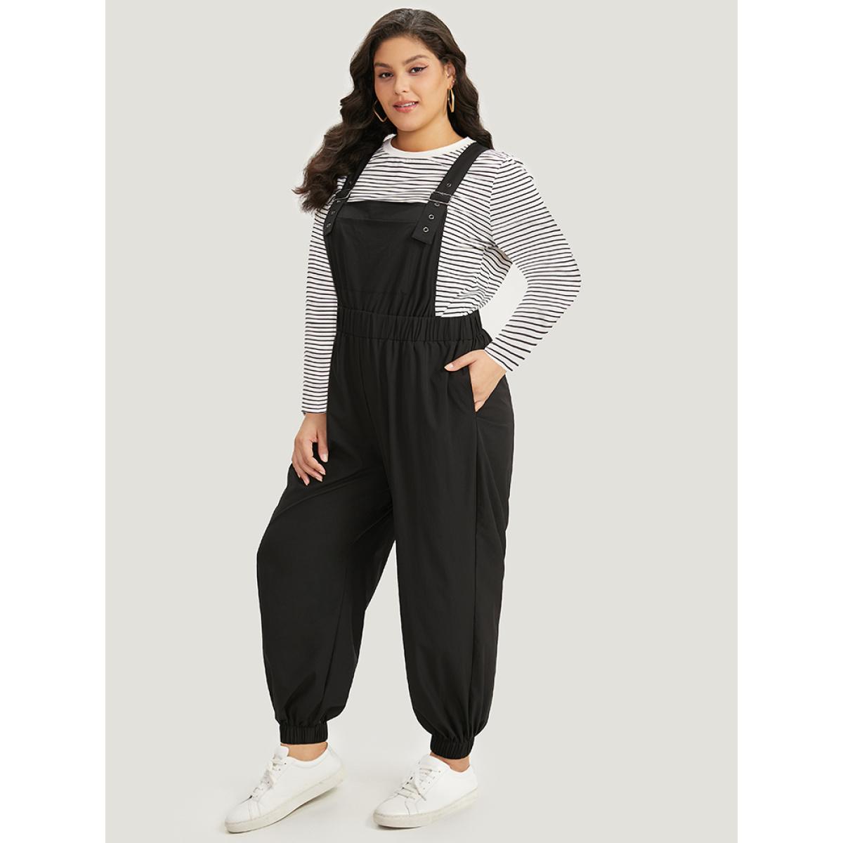 Plus Size Black Solid Pocket Back Crisscross Elastic Waist Jumpsuit Women Casual Sleeveless Spaghetti Strap Dailywear Loose Jumpsuits BloomChic 26/4X Product Image