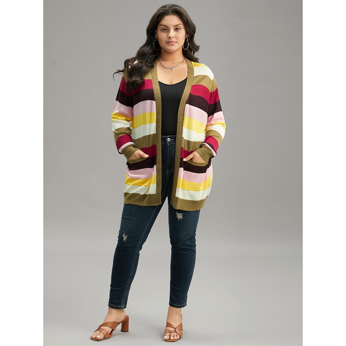 Plus Size Supersoft Essentials Rainbow Striped Patched Pocket Open Front Cardigan Multicolor Women Casual Loose Long Sleeve Everyday Cardigans BloomChic 14-16/1X Product Image