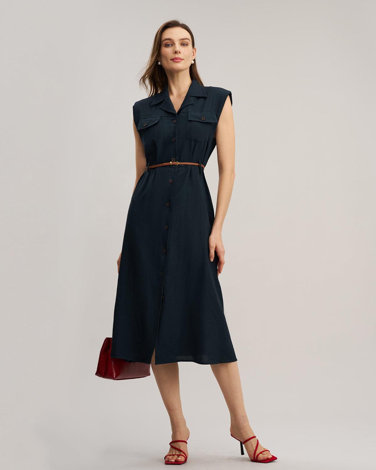 Blue Sleeveless Belted Midi Dress Product Image