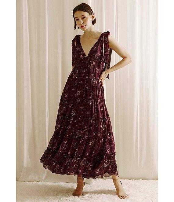 Storia Floral Print Plunge Neck Tie-Shoulder Tiered Open Back Midi Dress Product Image