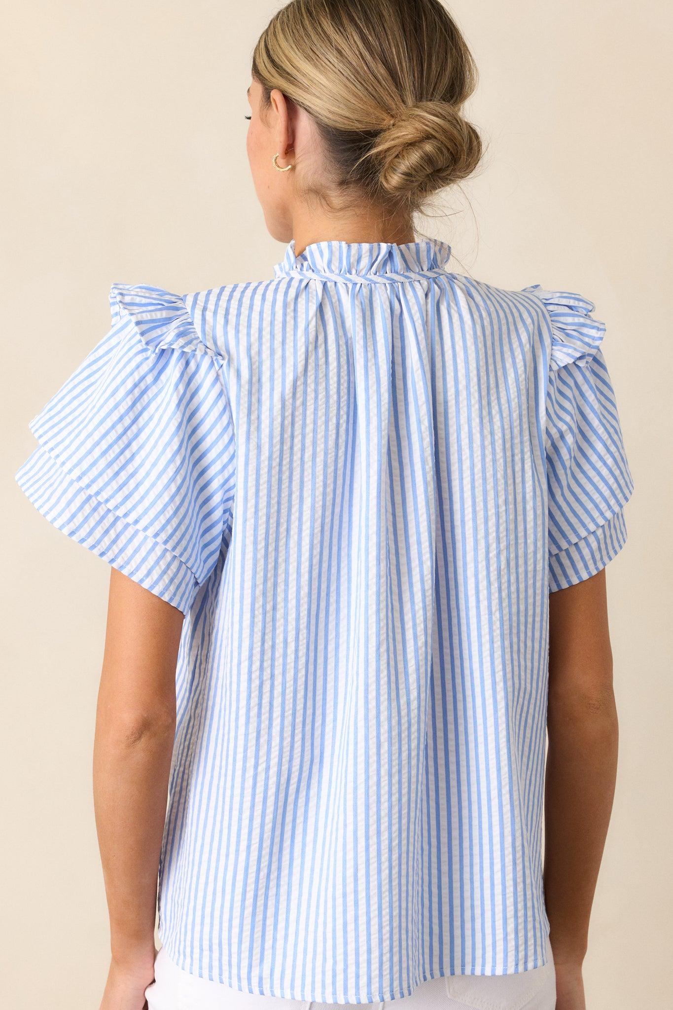 Meet Me for Lunch Blue Stripe Ruffle Sleeve Blouse Product Image