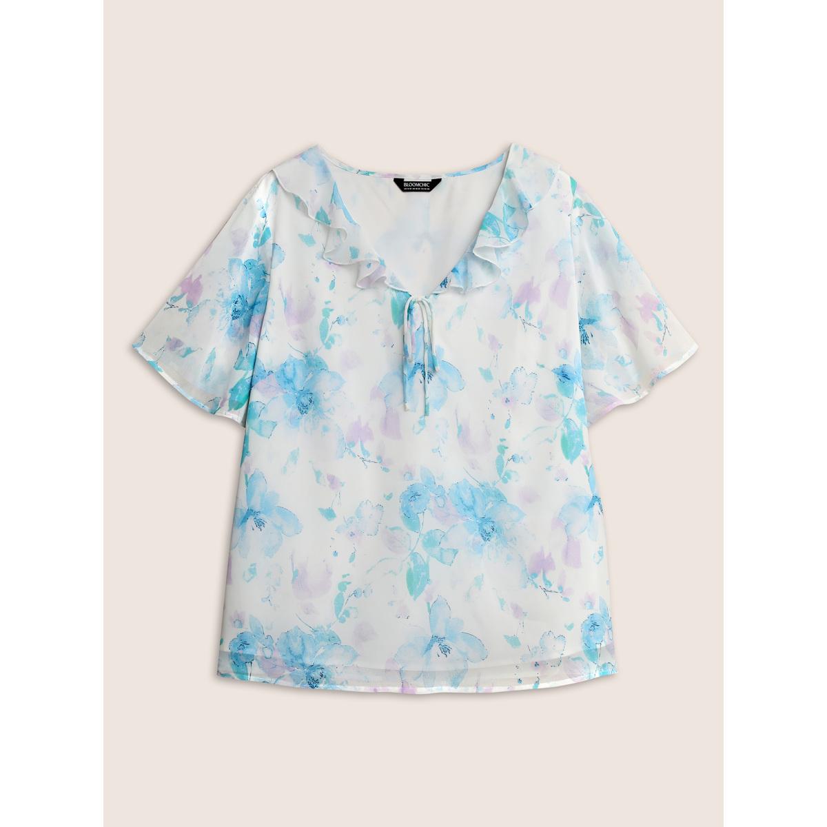 Plus Size Bluepurple Lace Collar Floral Ruffle Trim Blouse Women Elegant Short sleeve Lace collar Everyday Blouses BloomChic 12/L Product Image