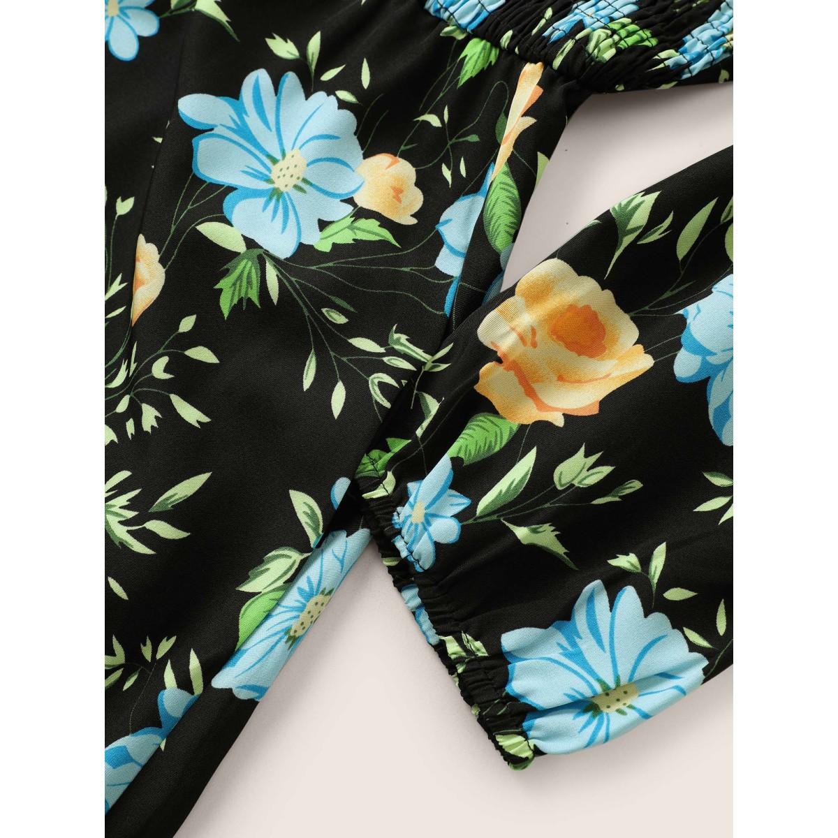 Plus Size Floral Print Shirred Pocket V Neck Dress Black Women Elegant Non V-neck Elbow-length sleeve Curvy Midi Dress BloomChic 10/M Product Image