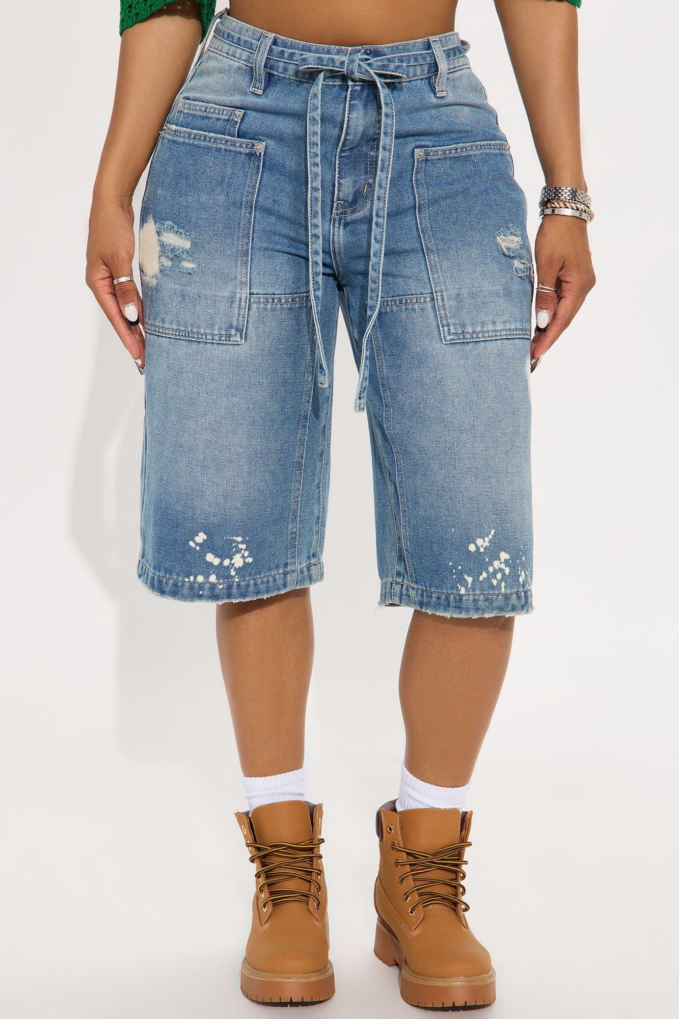Ripped Bleached Denim Jorts - Medium Wash Female Product Image