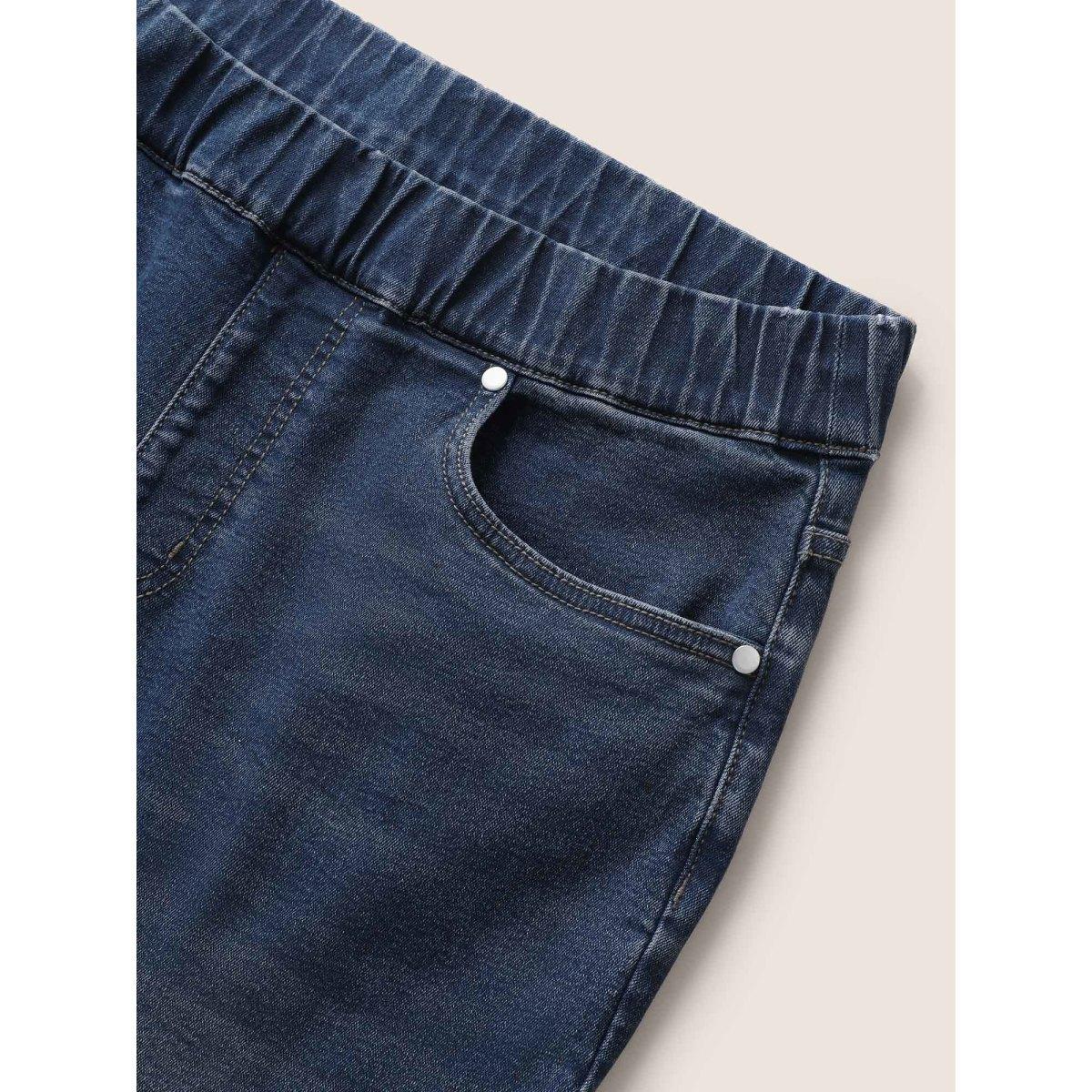 Plus Size Roll Hem Elastic Waist Dark Wash Denim Shorts Women Stone Roll Hem Mid Rise High stretch Casual Slanted pocket Leisure Denim Shorts BloomChic 14/1X Product Image