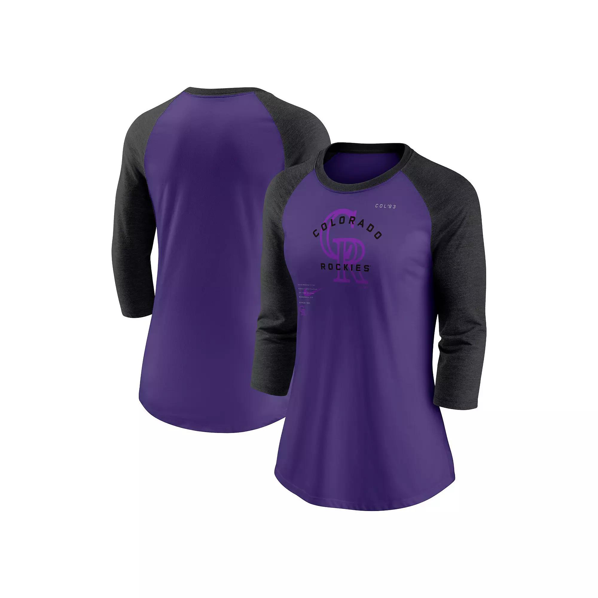 Women's Nike Purple/Black Colorado Rockies Next Up Tri-Blend Raglan 3/4-Sleeve T-Shirt,  Product Image