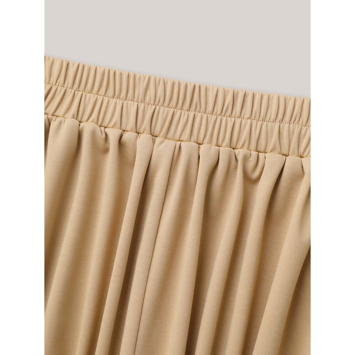 Plus Size Plain Stretchy Waist Pleated Midi Skirt Women Champagne At the Office Pleated Medium stretch Side seam pocket Work Skirts BloomChic 12/L Product Image