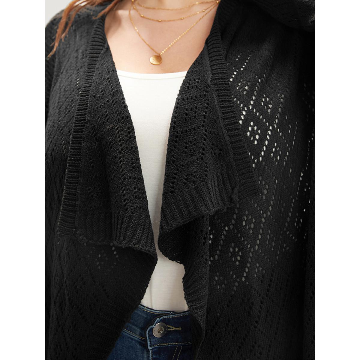 Plus Size Plain Pointelle Knit Argyle Eyelet Asymmetrical Open Front Cardigan Black Women Casual Loose Long Sleeve Dailywear Cardigans BloomChic 10/M Product Image