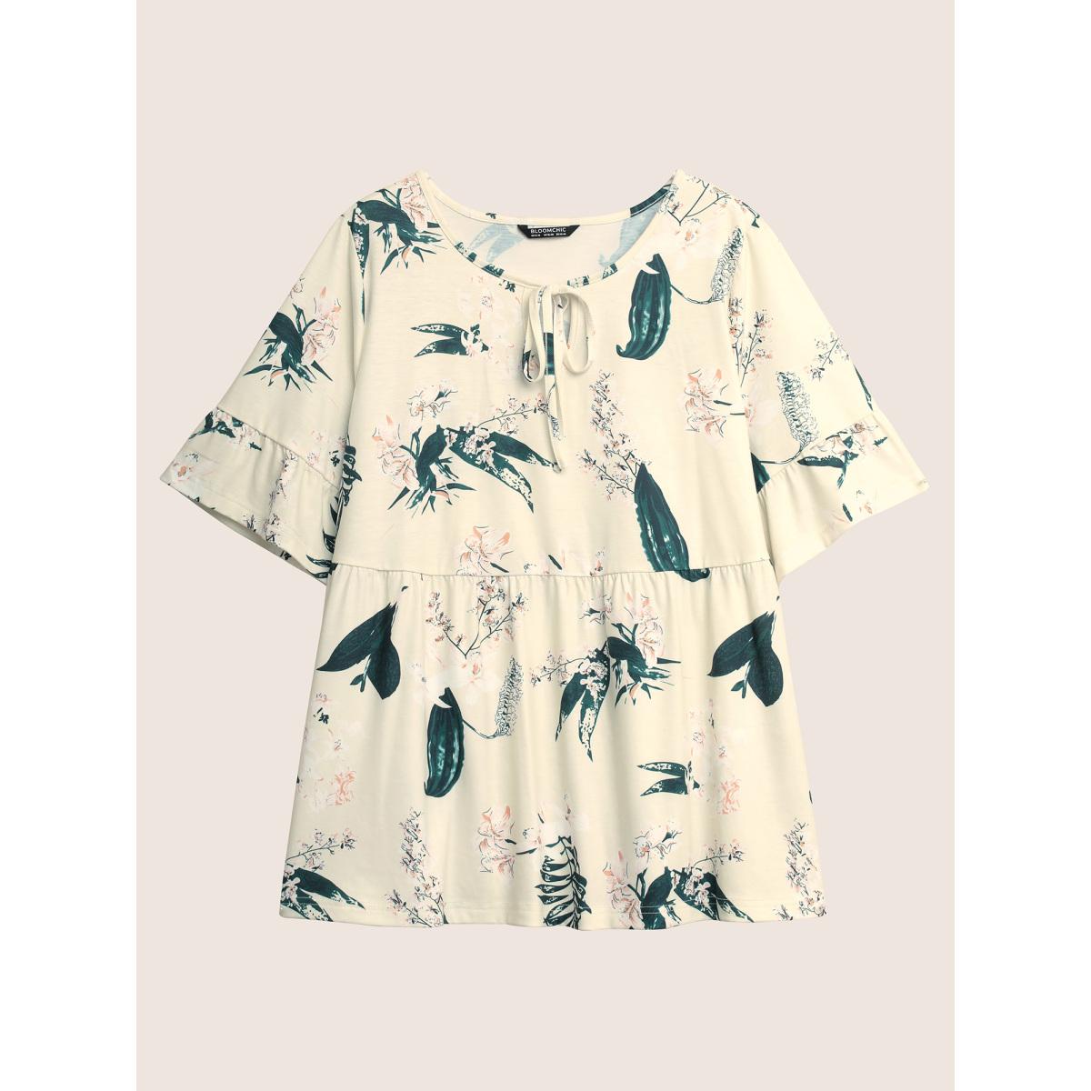 Plus Size Plants Print Knot Ties Gathered Pajama Sets Women Yellow Plants Non Half Sleeve Round Neck Lounge Loungewear Sets BloomChic 12/L Product Image