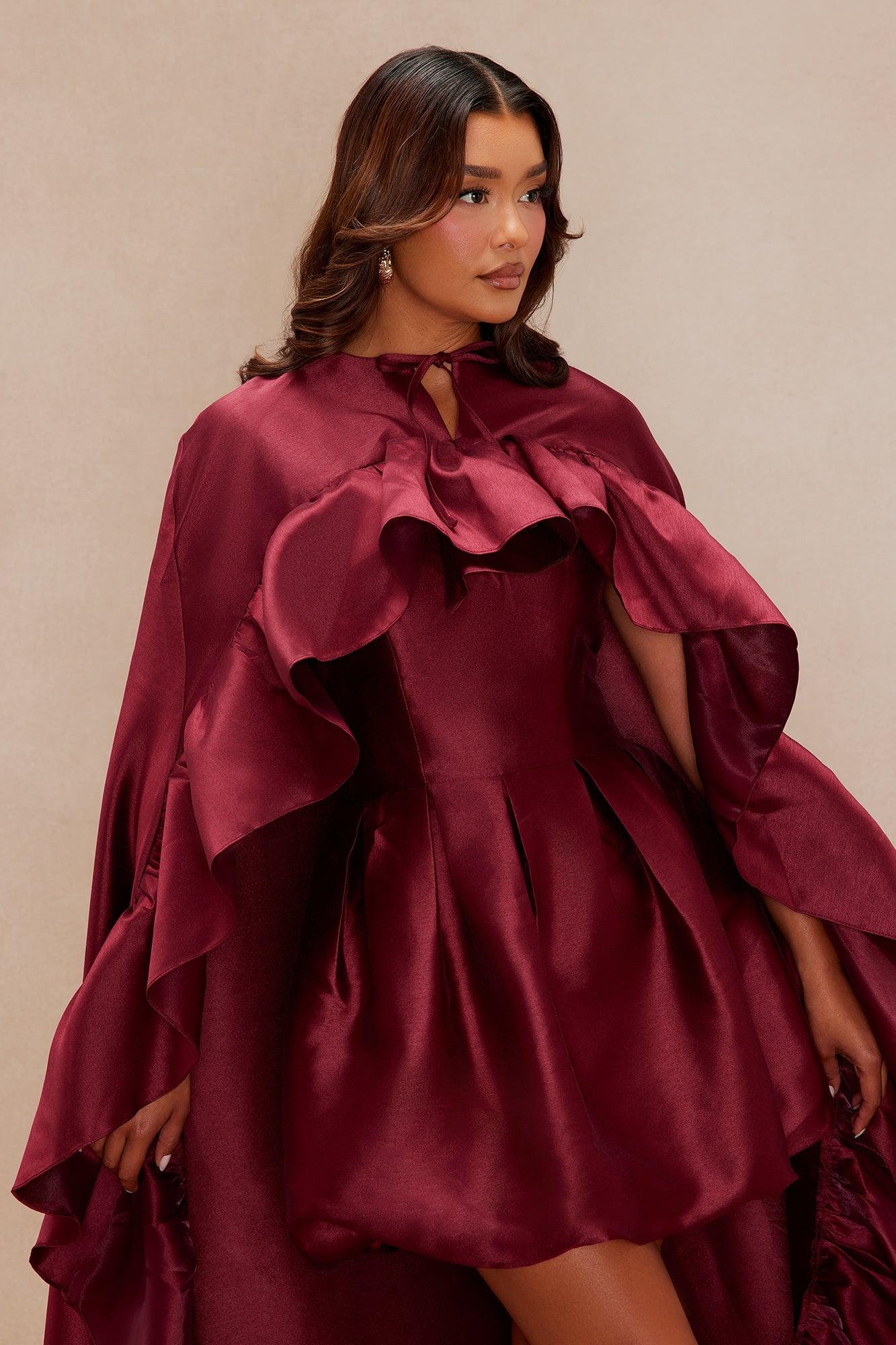 Chic Drama 2 Piece Cape Mini Dress Set - Burgundy Female Product Image