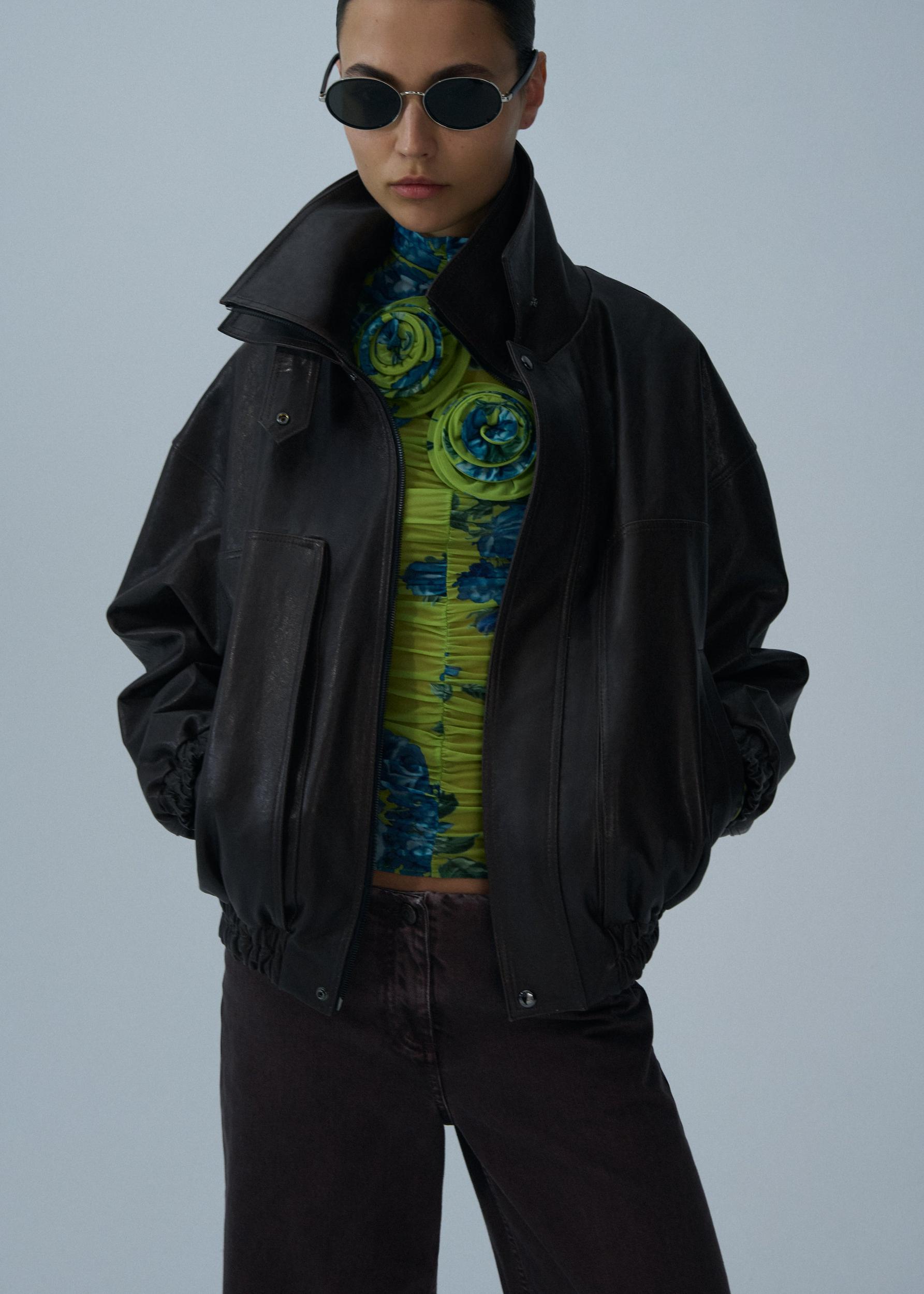 Snap-collar leather aviator jacket in brown Product Image