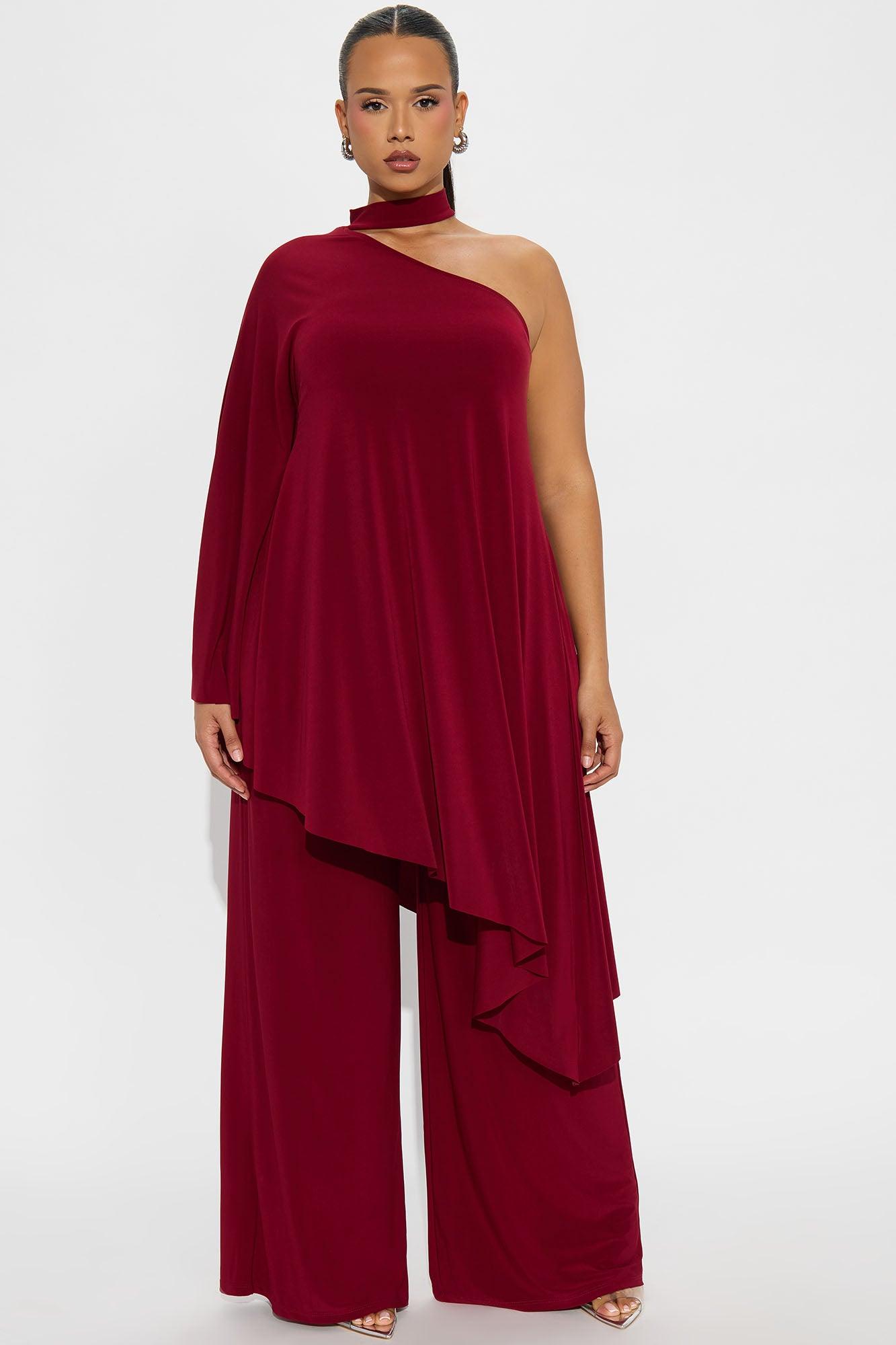 Draped Devotion One Shoulder Pant Set  - Burgundy Female Product Image
