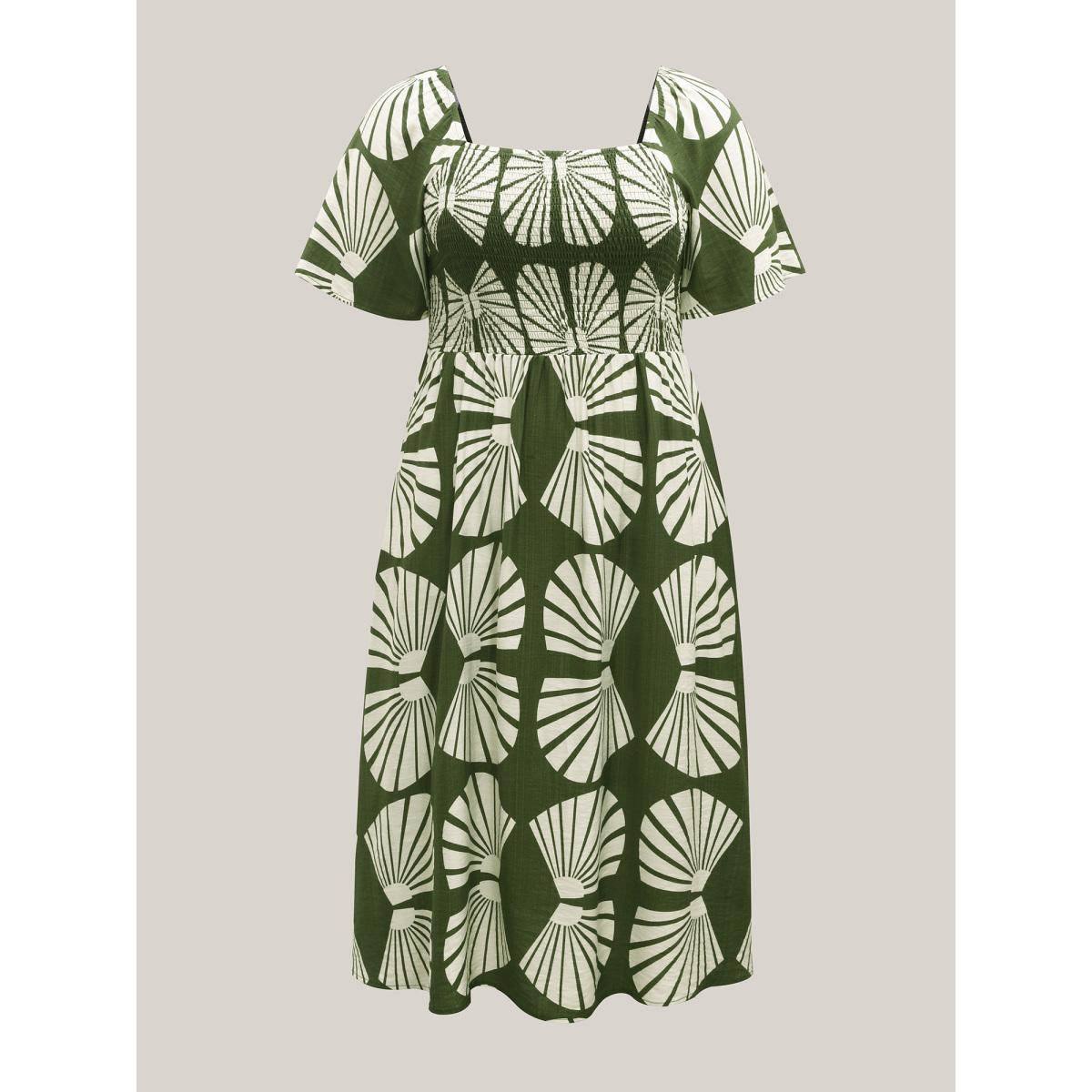 Plus Size Geometric Print Square Neck Cinched Midi Dress Moss Women Square Neck Short sleeve Curvy BloomChic 30/6X Product Image