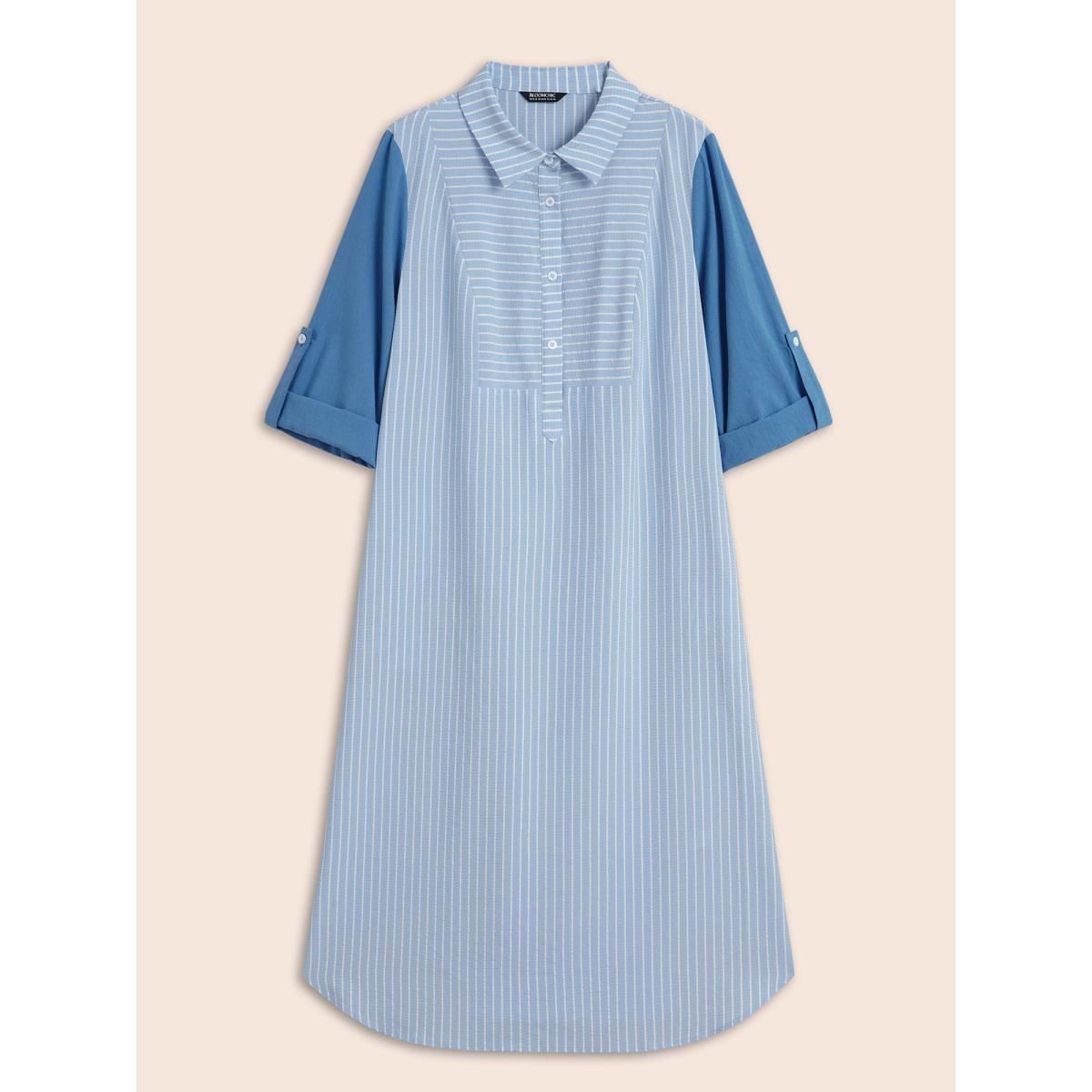 Plus Size Striped Patchwork Contrast Tab Sleeve Dress Skyblue Women Office Patchwork Shirt collar Long Sleeve Curvy BloomChic 18-20/2X Product Image