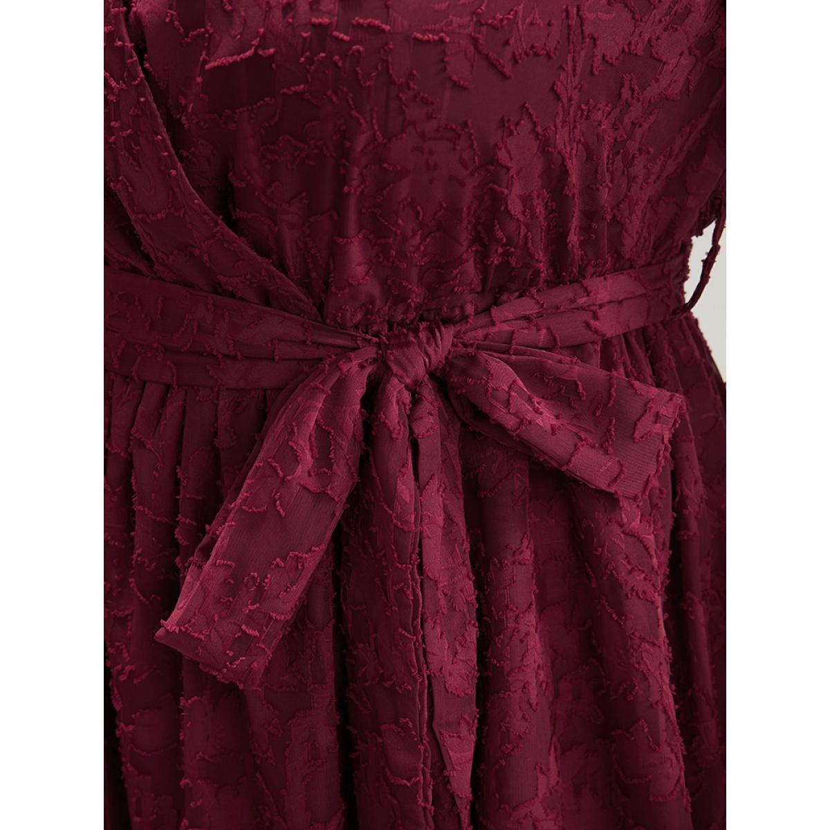 Plus Size Floral Pocket Lantern Sleeve Belted Surplice Neck Dress Scarlet Women Glamour Belted V-neck Long Sleeve Curvy Midi Dress BloomChic 22-24/3X Product Image