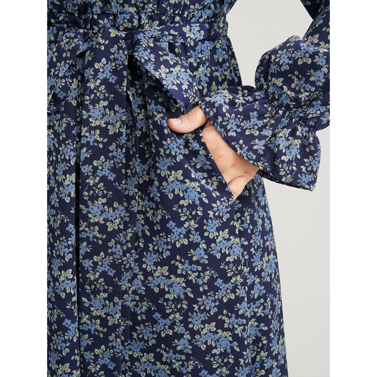 Plus Size Ditsy Floral Pocket Belted Shirt Collar Dress Indigo Women Elegant Elastic Waist Shirt collar Long Sleeve Curvy Midi Dress BloomChic 30/6X Product Image