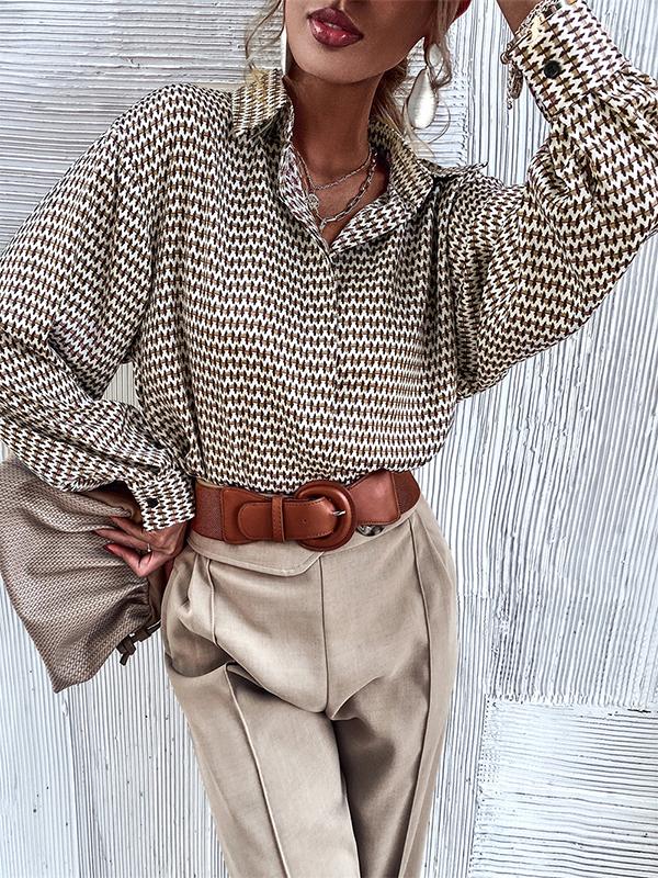 Long Sleeves Loose Buttoned Pleated Printed Lapel Blouses&Shirts Tops Product Image