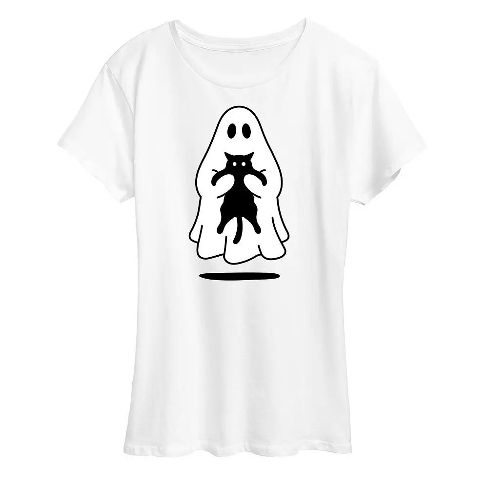 Women's Ghost Holding Black Cat Graphic Tee,  Product Image