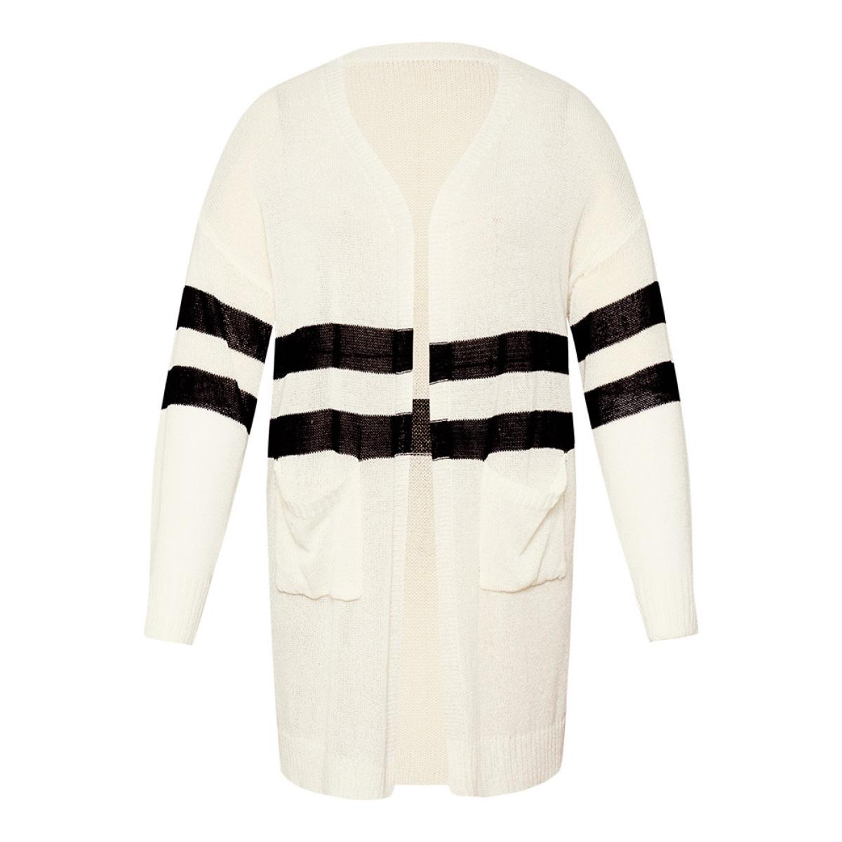 Plus Size Striped Pocket Open Front Cardigan Beige Women Casual Loose Long Sleeve Everyday Cardigans BloomChic 30/6X Product Image