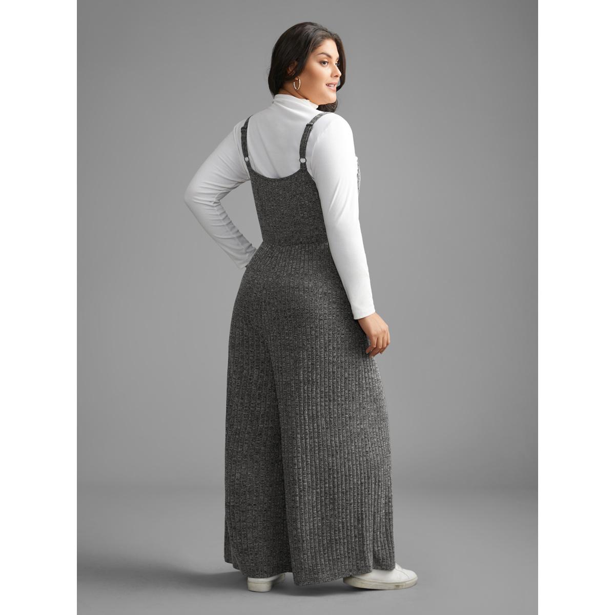 Plus Size DimGray Plain Rib Knit Button Detail Jumpsuit Women Casual Sleeveless Heart neckline Everyday Loose Jumpsuits BloomChic 22-24/3X Product Image