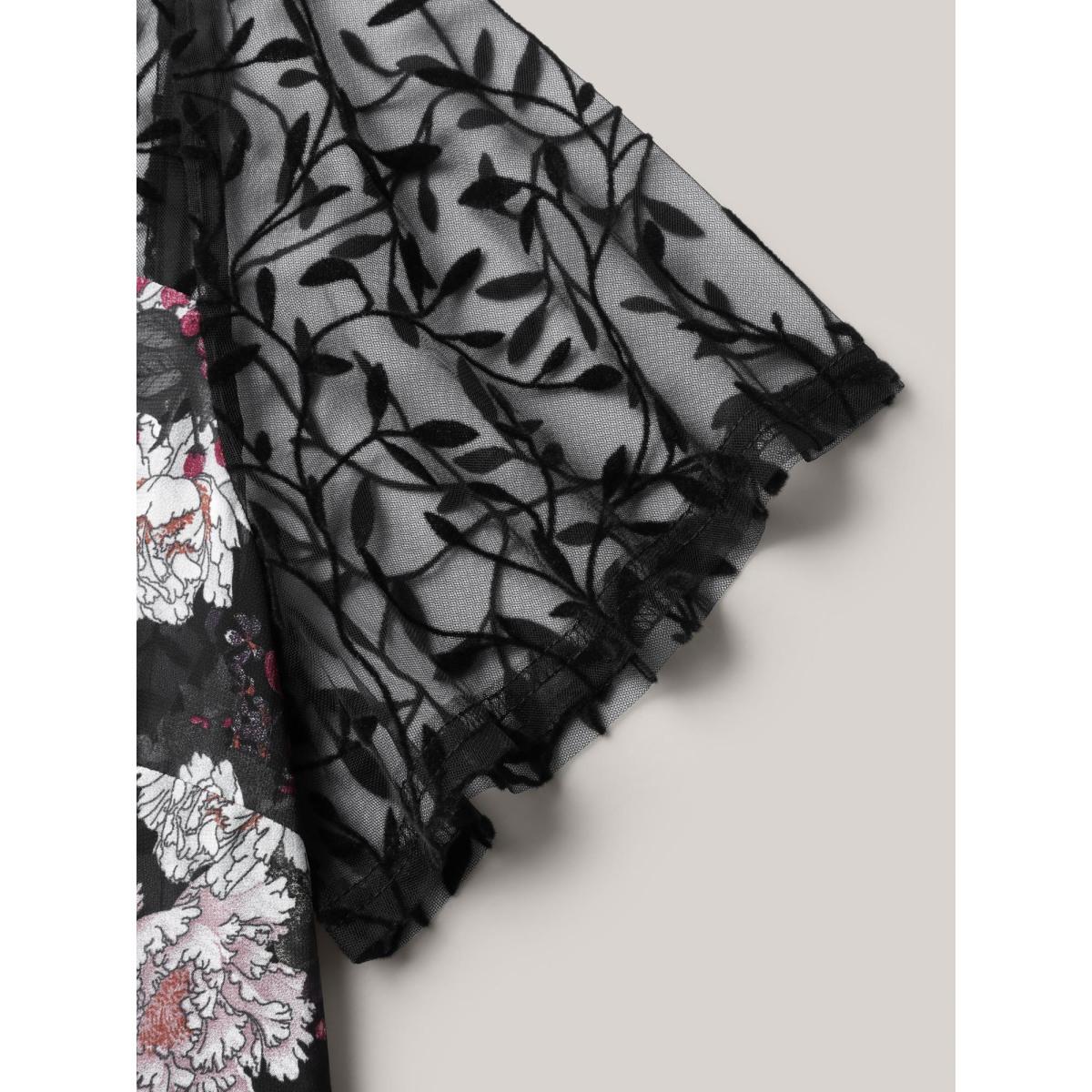 Plus Size Chiffon Floral Front Mid Tie Kimono Women Black Tie knot Bodycon Everyday-Elegant Kimonos BloomChic 18-20/2X Product Image