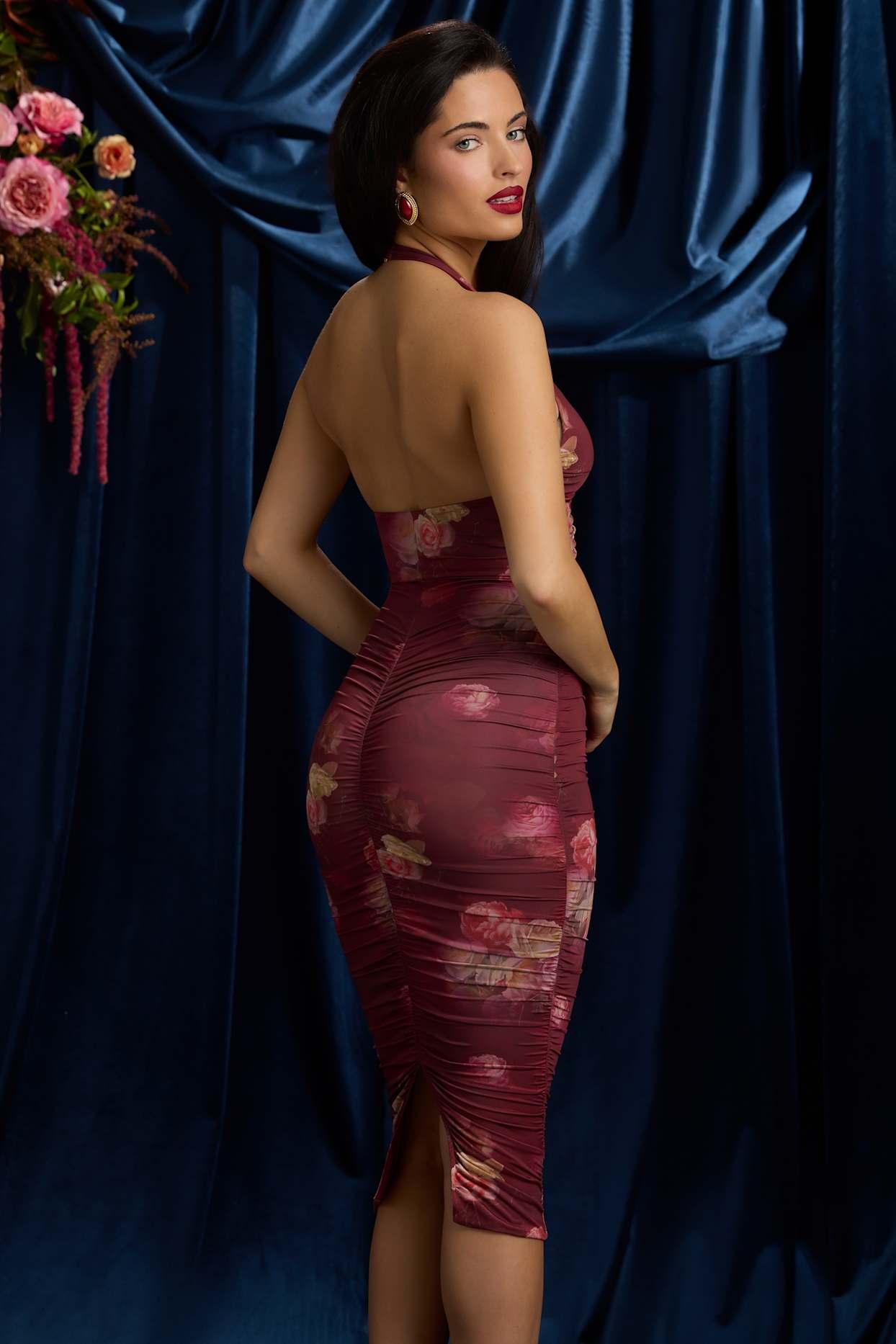 Ruched Plunge Halterneck Midi Dress in Maroon Floral Print Product Image