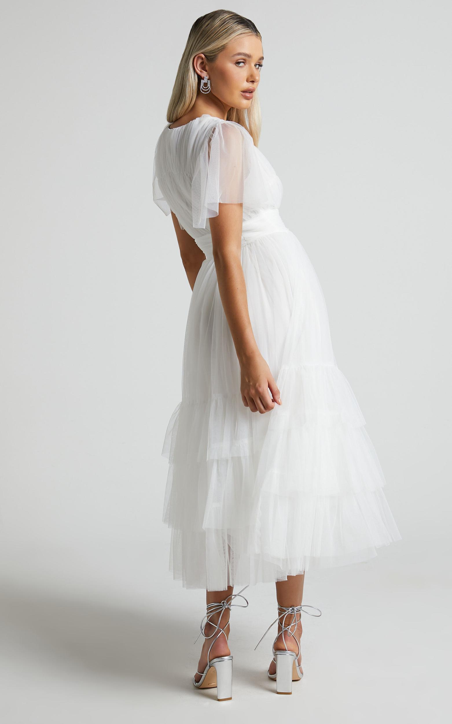 Jiraye Midi Dress - Flutter Sleeve Tuelle Plunge Dress in White Product Image