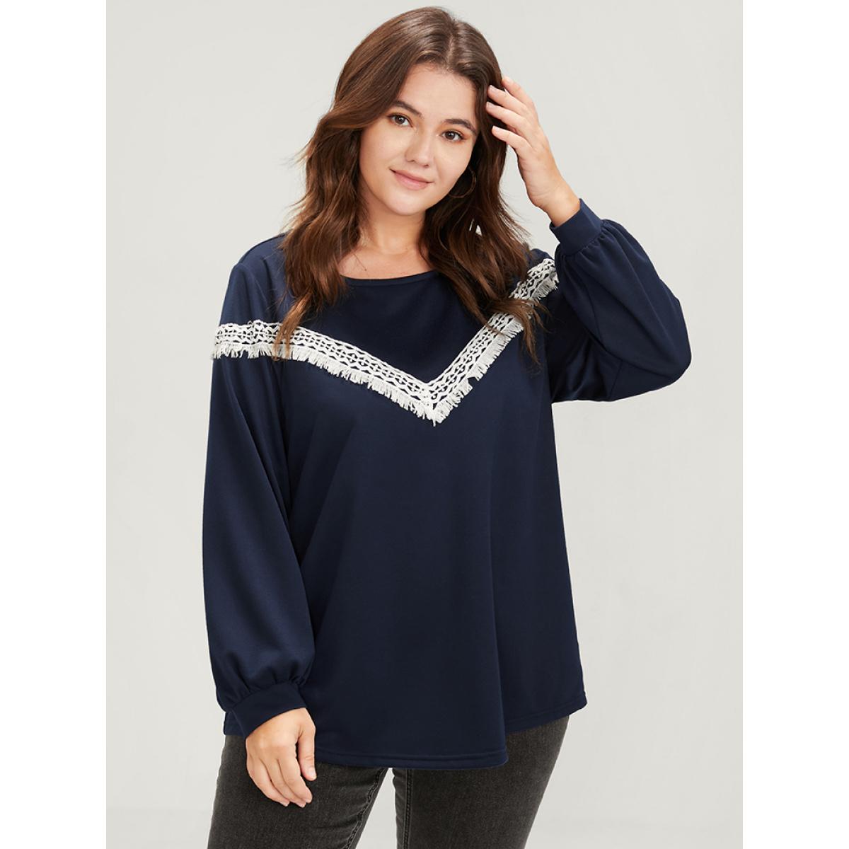 Plus Size Plain Round Neck Contrast Lace Drop Shoulder Sweatshirt Women Midnight Casual Contrast Round Neck Dailywear Sweatshirts BloomChic 26/4X Product Image