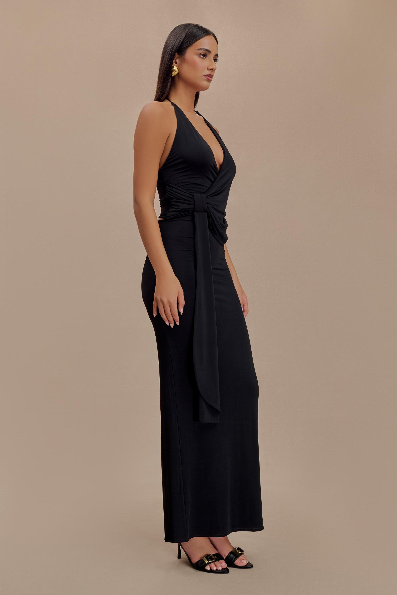 Tyla Draped Slinky Halter Maxi Dress - Black Product Image