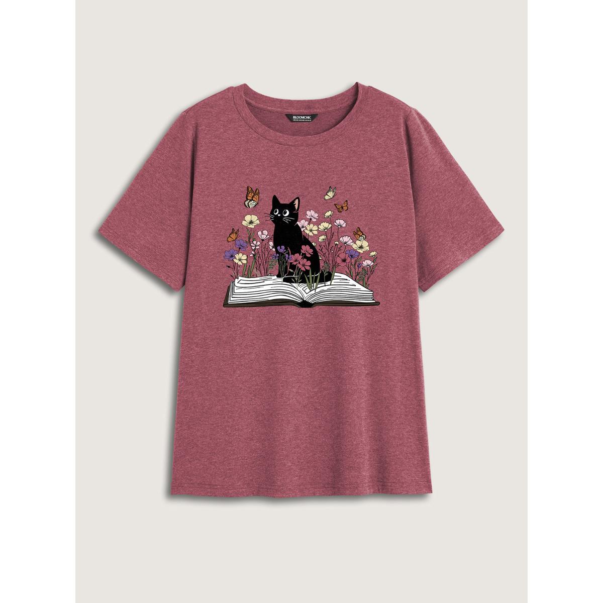 Plus Size Bookish Cat Printed Round Neck T-Shirt Plum Women Non Animals Round Neck Everyday-Casual T-shirts BloomChic 30/6X Product Image