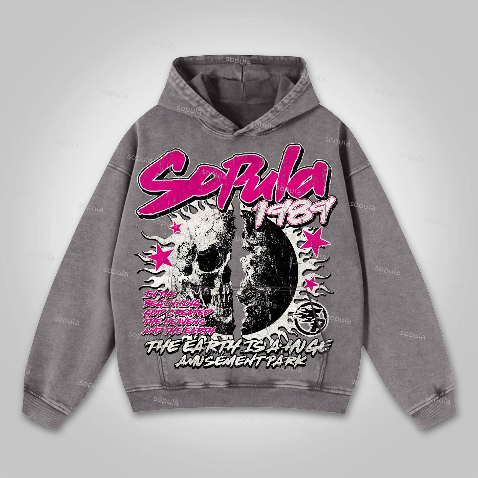 Sopula Men's Flame Skeleton Earth Print Washed Hoodie Product Image