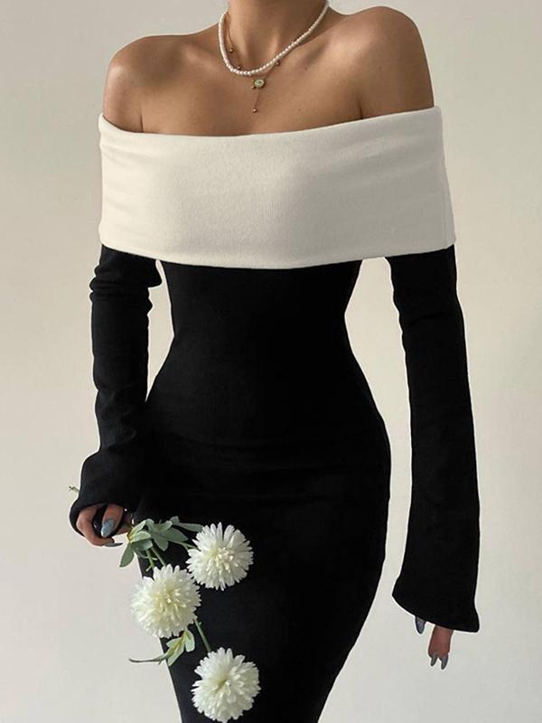 Contrast Color Trim Off Shoulder Long Sleeve Maxi Dress Product Image