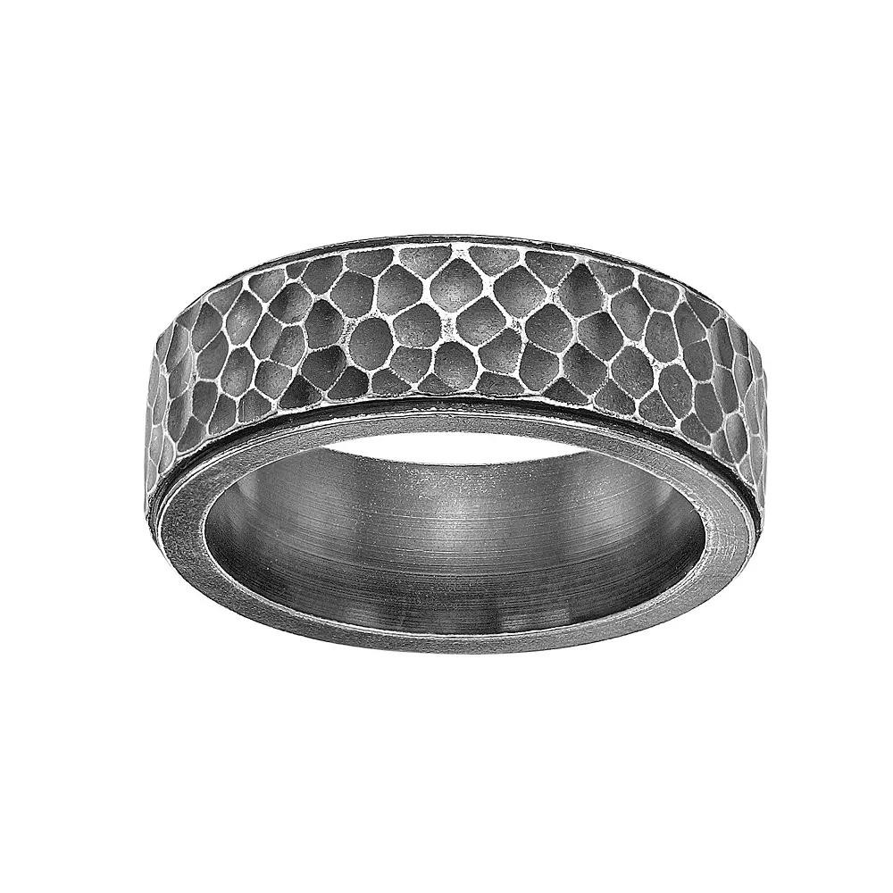 Mens Lynx Antiquied Black Ion Plated Stainless Steel Hammered Ring, Mens Product Image