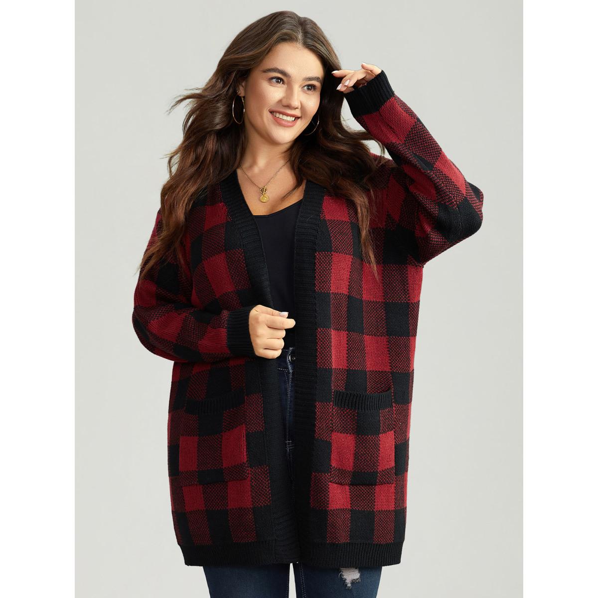 Plus Size Plaid Patched Pocket Loose Cardigan Scarlet Women Casual Loose Long Sleeve Everyday Cardigans BloomChic 28/5X Product Image