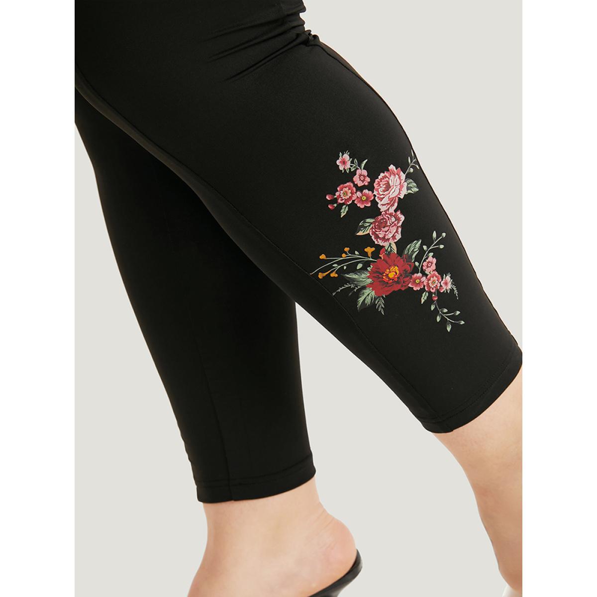 Plus Size Plain Pocket Wideband Waist Floral Print Leggings Women Black Elegant High stretch Skinny High Rise Dailywear Leggings BloomChic 14-16/1X Product Image