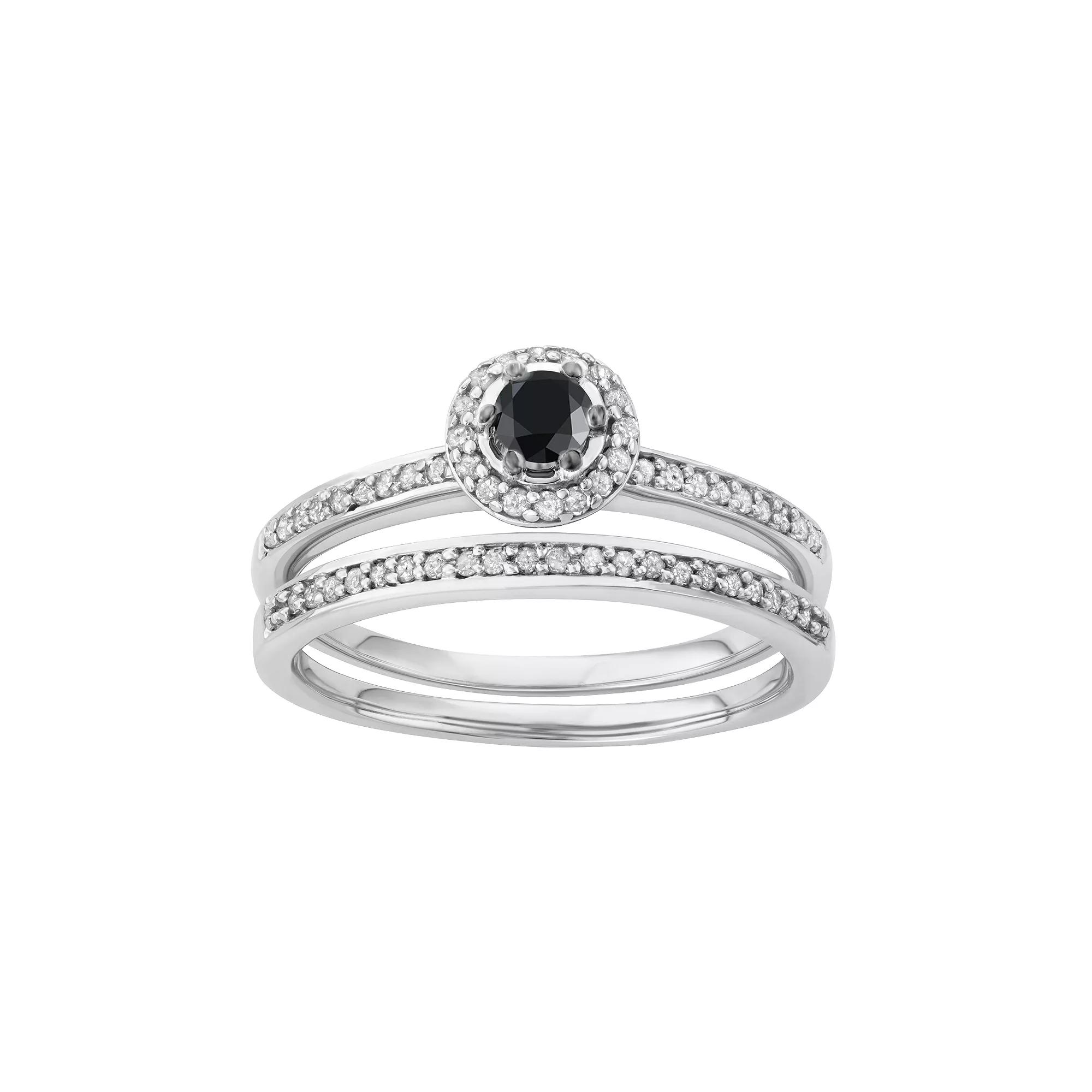 10k White Gold 1/2 Carat T.W. Black & White Diamond Halo Engagement Ring Set, Women's,  Product Image