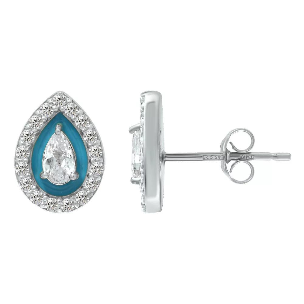 Aleure Precioso Sterling Silver Enamel & Cubic Zirconia Pear Shaped Halo Stud Earrings, Women's, Blue Product Image