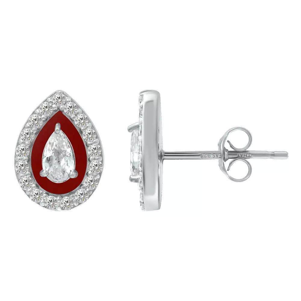 Aleure Precioso Sterling Silver Enamel & Cubic Zirconia Pear Shaped Halo Stud Earrings, Women's, Red Product Image