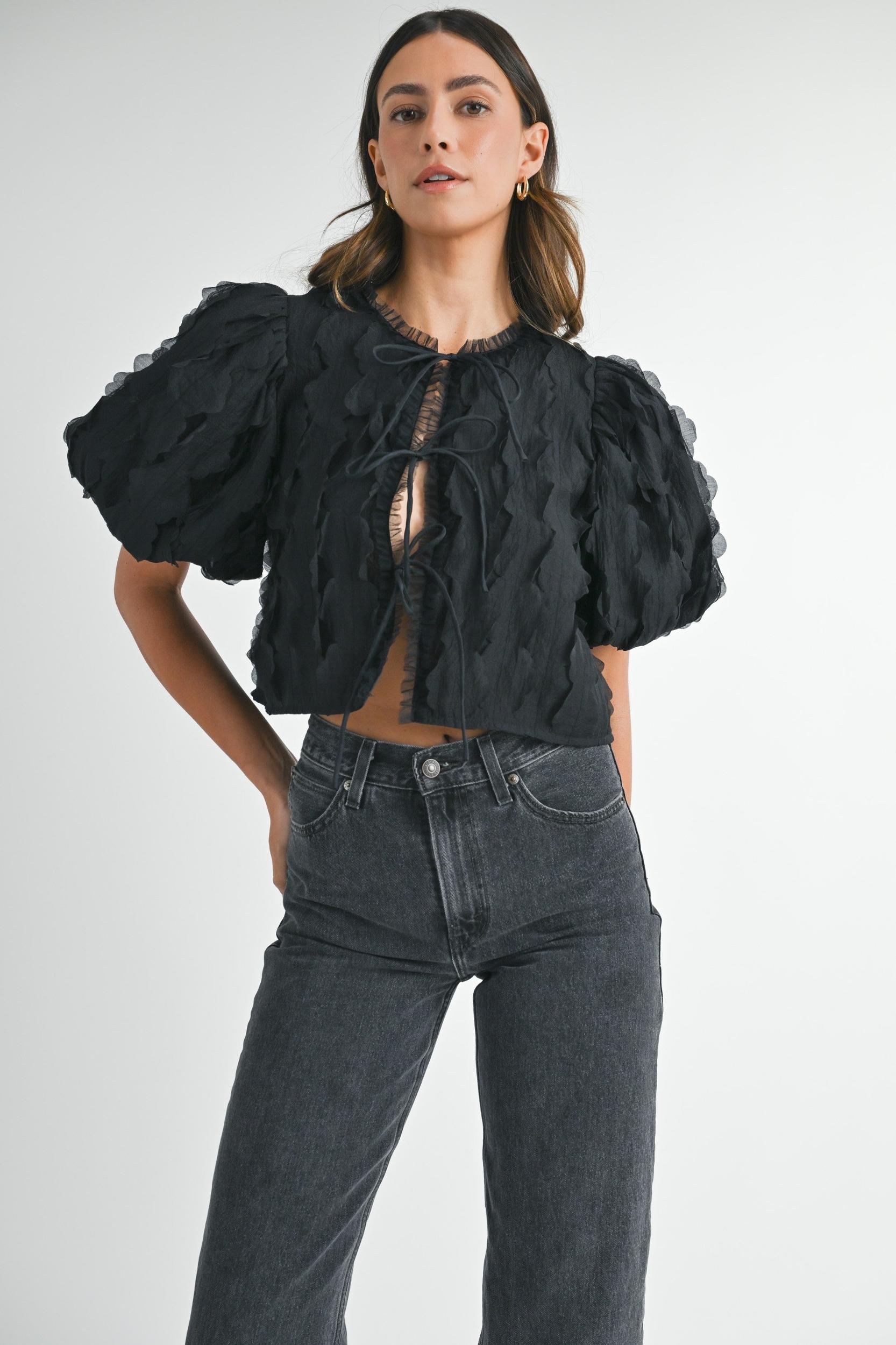 Textured Scallop Puff Sleeve Blouse Top Product Image