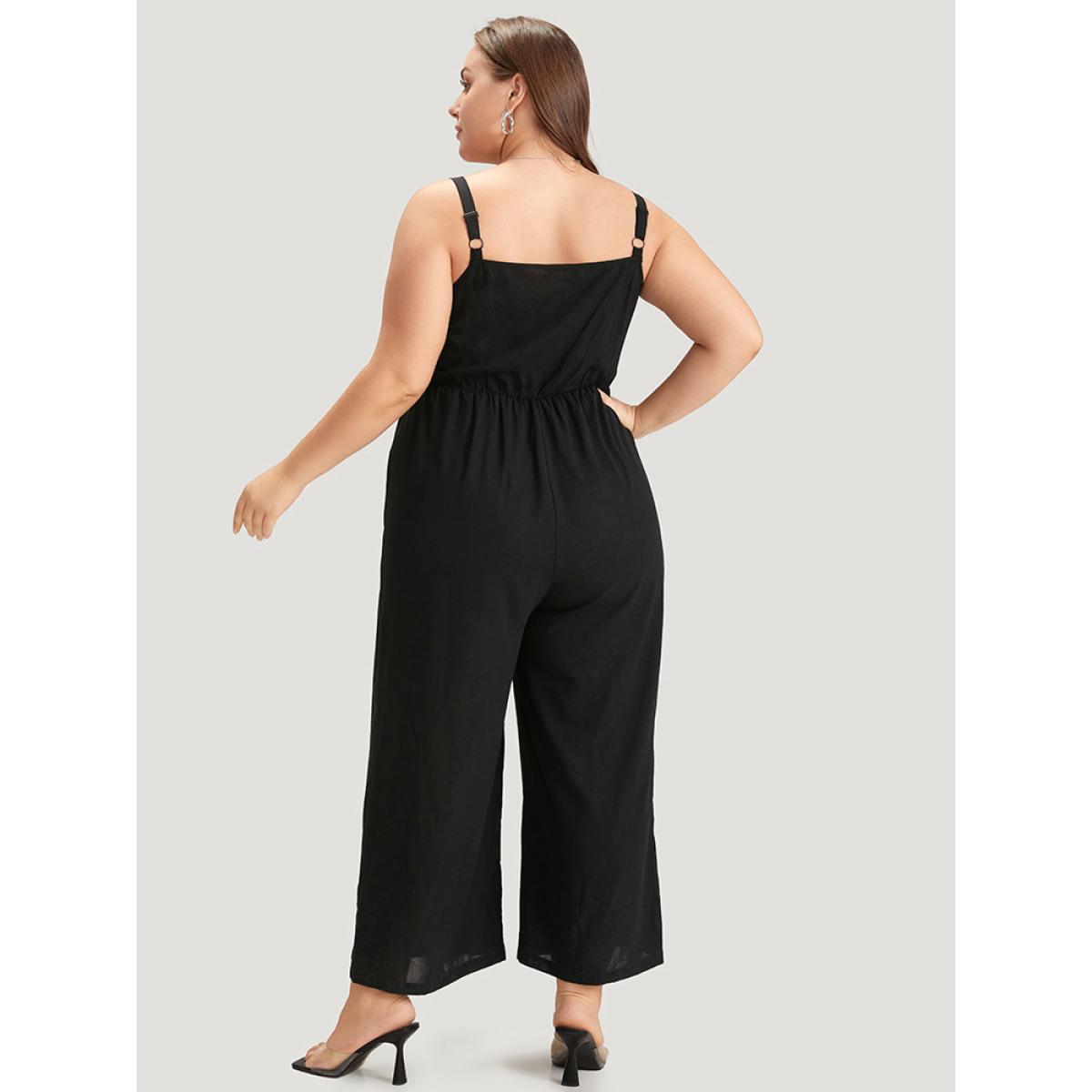 Plus Size Black Striped Patchwork Pocket Button Detail Shirred Cami Jumpsuit Women Casual Sleeveless Spaghetti Strap Dailywear Loose Jumpsuits BloomChic 28/5X Product Image