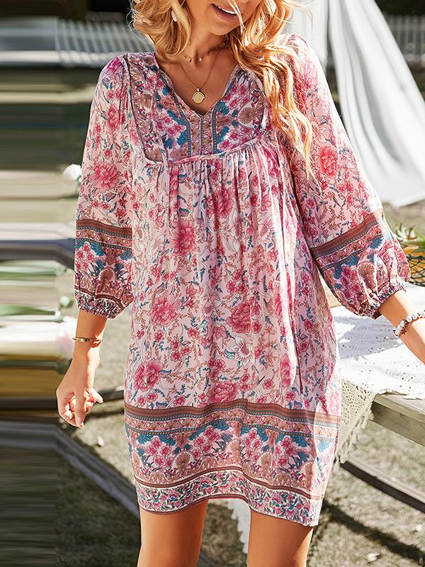 A-Line Loose Contrast Color Flower Print Pleated V-Neck Mini Dresses Product Image