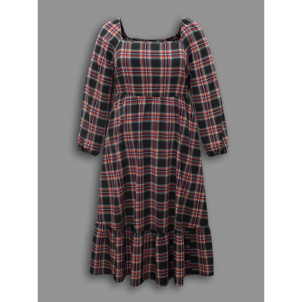 Plus Size Plaid Square Neckline Puffy Sleeve Midi Dress Black Women Elegant Non Square Neck Long Sleeve Curvy BloomChic 14-16/1X Product Image
