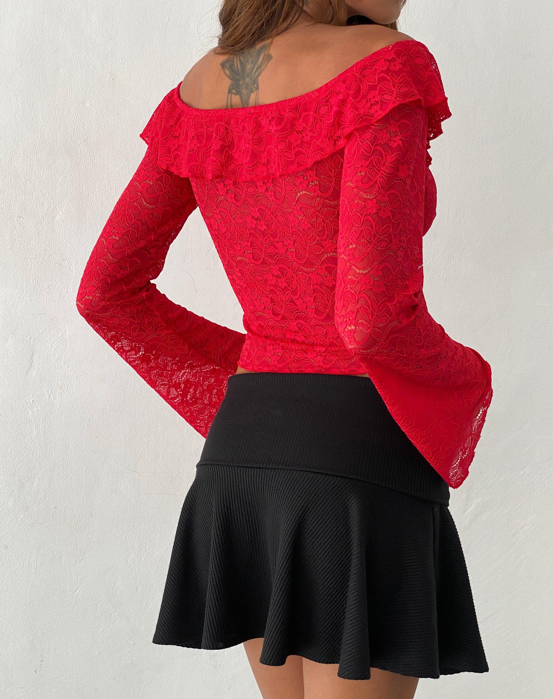 Soka Bardot Frill Top in Red Lace Female Product Image