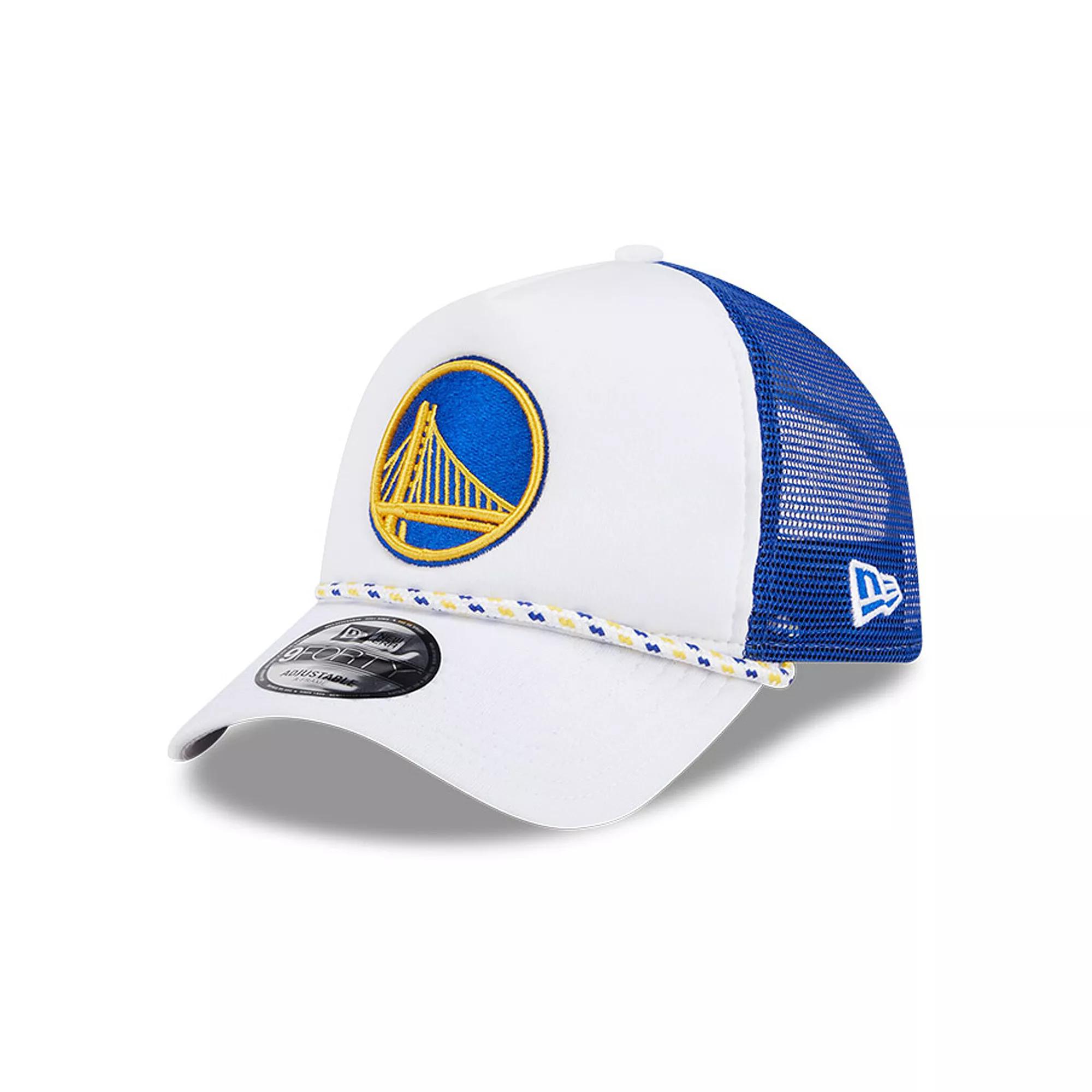 Men's New Era White/Royal Golden State Warriors Court Sport Foam A-Frame 9FORTY Adjustable Trucker Hat Product Image