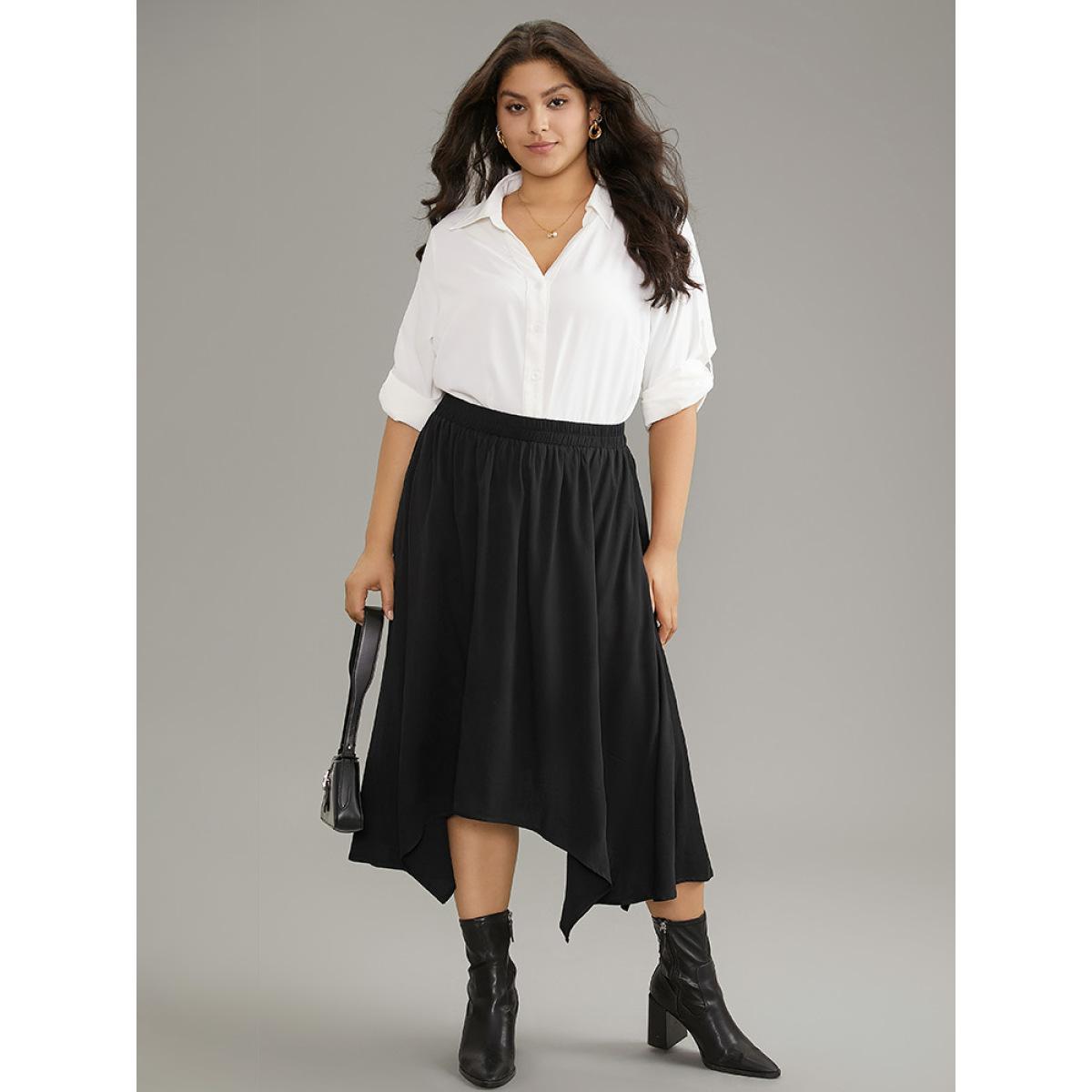 Plus Size Solid Rayon Elastic Waist Pocket Hanky Hem Skirt Women Black Office Plain No stretch Pocket Work Skirts BloomChic 22-24/3X Product Image