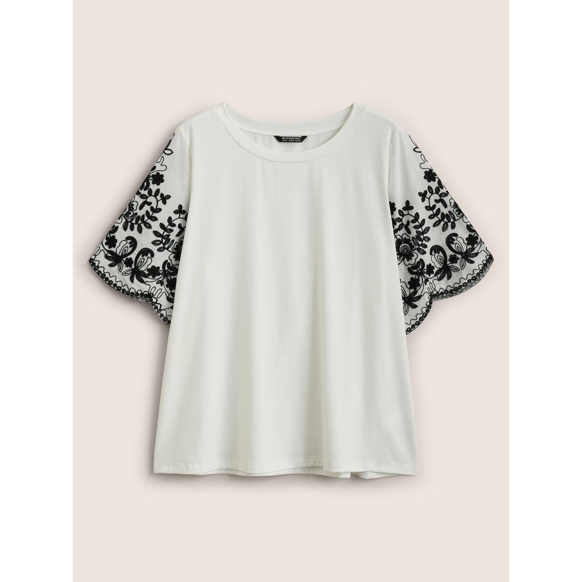 Plus Size Round Neck Floral Embroidered Scalloped Trim T-shirt White Women Resort Contrast Round Neck Vacation T-shirts BloomChic 18-20/2X Product Image